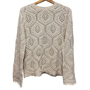 North Style Cream Textured Boho Knit Sweater Medium Long Sleeve Crochet Pullover